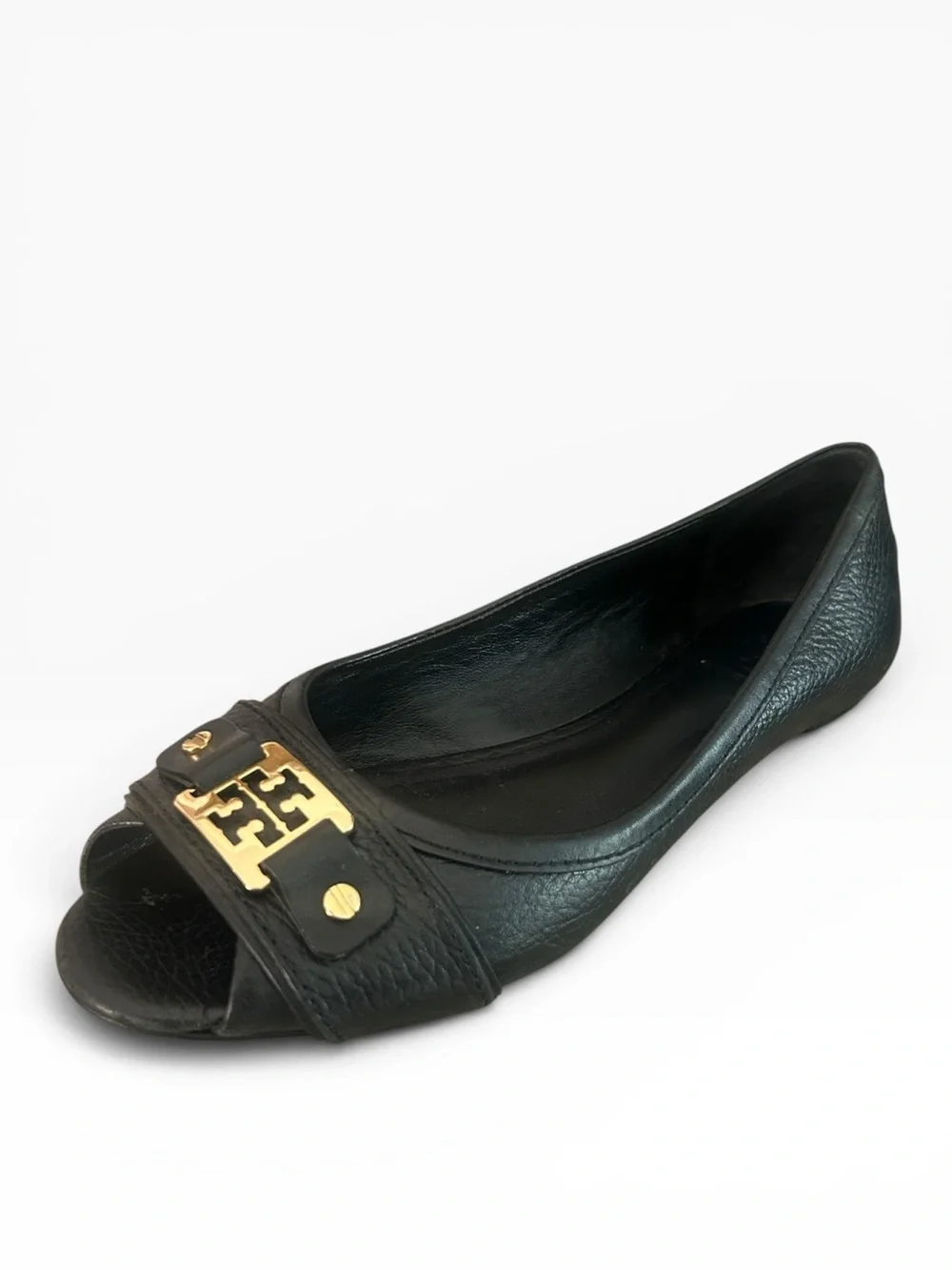 Tory Burch Cline Black Leather Gold Logo Flat Open Peep Toe Buckle Slide Sz 8.5